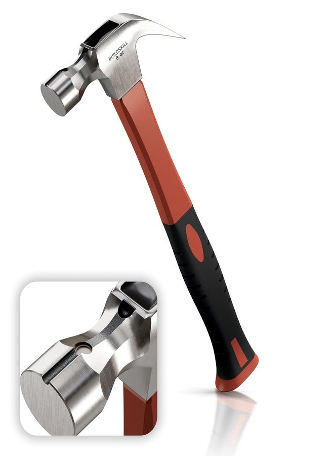 BUILDSKILL مطرقة Buildskill بوزن 8 أونصات، رأس من الفولاذ المطروق لمتانة وقوة فائقتين، مقبض من الألياف الزجاجية، أدوات نجارة، مزودة بطرف مغناطيسي لسهولة الاستخدام، رأس مزدوج (مخلب ورأس مسطح) - Image 1